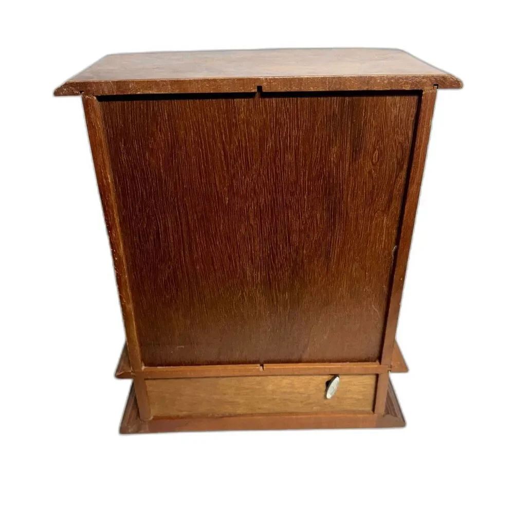 Vintage Jewelry Wood Music Box Etched Floral Glass Doors Mirror 5"x10"x12" - Picture 3 of 8